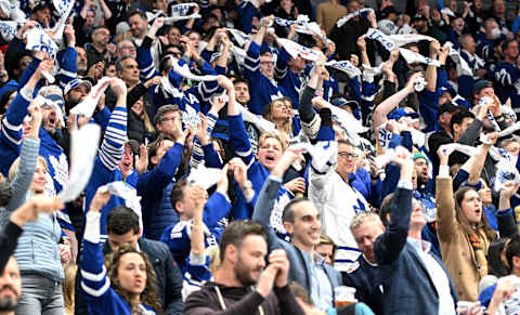 May 2, 2022; Toronto, Ontario, CAN; Toronto Maple Leafs fans cheer on their team against the Tampa Bay Lightning in game one of the first round of the 2022 Stanley Cup Playoffs at Scotiabank Arena. Mandatory Credit: Dan Hamilton-USA TODAY Sports