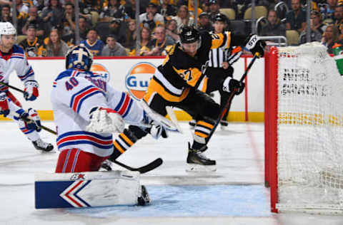 PITTSBURGH, PA – APRIL 06: Nick Bjugstad #27 of the Pittsburgh Penguins score past Alexandar Georgiev #40 of the New York Rangers at PPG Paints Arena on April 6, 2019 in Pittsburgh, Pennsylvania. (Photo by Joe Sargent/NHLI via Getty Images)