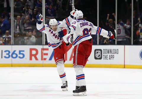 Artemi Panarin #10 and Mika Zibanejad #93 of the New York Rangers (Photo by Bruce Bennett/Getty Images)