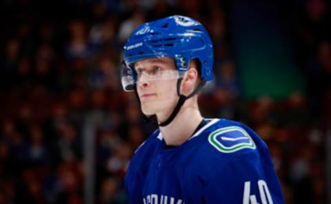 VANCOUVER, BC – FEBRUARY 25: Elias Pettersson #40 of the Vancouver Canucks skates up ice during their NHL game against the Anaheim Ducks at Rogers Arena February 25, 2019 in Vancouver, British Columbia, Canada. (Photo by Jeff Vinnick/NHLI via Getty Images)”n