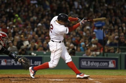 Oct 10, 2016; Boston, MA, USA; Boston Red Sox shortstop Xander Bogaerts (2) singles in the second inning against the Cleveland Indians during game three of the 2016 ALDS playoff baseball series at Fenway Park. Mandatory Credit: Greg M. Cooper-USA TODAY Sports. Fantasy baseball.