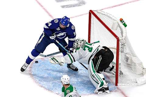 EDMONTON, ALBERTA – SEPTEMBER 21: Anton Khudobin #35 of the Dallas Stars makes the save against Pat Maroon #14 of the Tampa Bay Lightning during the second period in Game Two of the 2020 NHL Stanley Cup Final at Rogers Place on September 21, 2020 in Edmonton, Alberta, Canada. (Photo by Bruce Bennett/Getty Images)