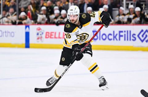 Mar 14, 2023; Chicago, Illinois, USA; Boston Bruins forward David Krejci (46) skates against the Chicago Blackhawks at United Center. Mandatory Credit: Jamie Sabau-USA TODAY Sports