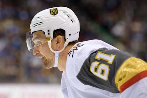 VANCOUVER, BC – MARCH 09: Vegas Golden Knights Right Wing Mark Stone (61) waits for a face-off during their NHL game against the Vancouver Canucks at Rogers Arena on March 9, 2019 in Vancouver, British Columbia, Canada. Vegas won 6-2. (Photo by Derek Cain/Icon Sportswire via Getty Images)