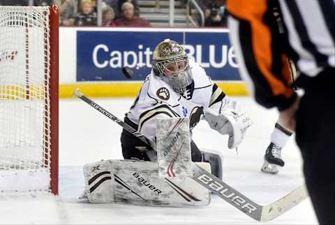 HERSHEY, PA – DECEMBER 21: Hershey Bears goalie Vitek Vanecek (30) watches the puck fly away from him after making a save during the Wilkes-Barre/Scranton Penguins at Hershey Bears on December 21, 2018 at the Giant Center in Hershey, PA. (Photo by Randy Litzinger/Icon Sportswire via Getty Images)