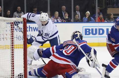 NEW YORK, NEW YORK – FEBRUARY 10: Alexandar Georgiev #40 of the New York Rangers makes the first period save on John Tavares #91 of the Toronto Maple Leafs at Madison Square Garden on February 10, 2019 in New York City. (Photo by Bruce Bennett/Getty Images)