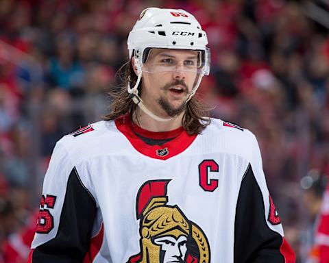 DETROIT, MI – MARCH 31: Erik Karlsson #65 of the Ottawa Senators looks down the ice against the Detroit Red Wings during an NHL game at Little Caesars Arena on March 31, 2018 in Detroit, Michigan. The Wings defeated the Senators 2-0. (Photo by Dave Reginek/NHLI via Getty Images) *** Local Caption *** Erik Karlsson