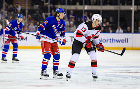 New York Rangers left wing Artemi Panarin and New Jersey Devils center Nico Hischier: Danny Wild-USA TODAY Sports