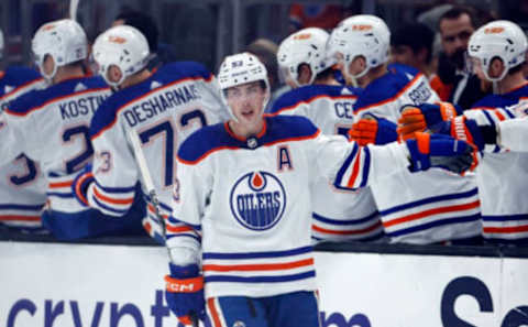 LOS ANGELES, CALIFORNIA – APRIL 04: Ryan Nugent-Hopkins #93 of the Edmonton Oilers celebrates a goal against the Los Angeles Kings in the second period at Crypto.com Arena on April 04, 2023 in Los Angeles, California. (Photo by Ronald Martinez/Getty Images)