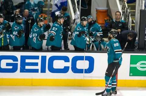 Oct 12, 2016; San Jose, CA, USA; San Jose Sharks defenseman Brent Burns (88) celebrates scoring a goal against the Los Angeles Kings in the third period at SAP Center at San Jose. The Sharks won 2-1. Mandatory Credit: John Hefti-USA TODAY Sports