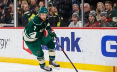 Dec 31, 2016; Saint Paul, MN, USA; Minnesota Wild forward Chris Stewart (7) skates after the puck in the second period against the Columbus Blue Jackets at Xcel Energy Center. Mandatory Credit: Brad Rempel-USA TODAY Sports