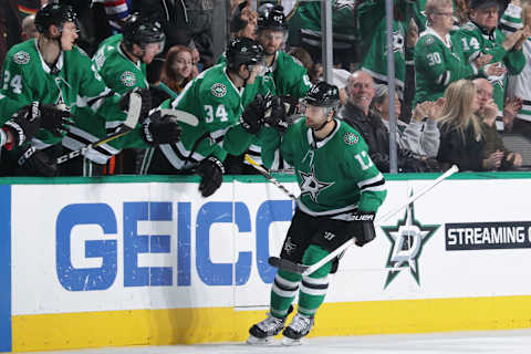 DALLAS, TX – FEBRUARY 1: Andrew Cogliano #17 and the Dallas Stars celebrate a goal against the Minnesota Wild at the American Airlines Center on February 1, 2019 in Dallas, Texas. (Photo by Glenn James/NHLI via Getty Images)