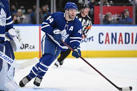 Apr 12, 2022; Toronto, Ontario, CAN; Toronto Maple Leafs defenseman Morgan Rielly (44) pursues the play against the Buffalo Sabres in the second period at Scotiabank Arena. Mandatory Credit: Dan Hamilton-USA TODAY Sports