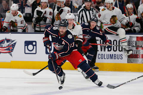 Dec 31, 2022; Columbus, Ohio, USA; Columbus Blue Jackets left wing Johnny Gaudreau (13) carries the puck against the Chicago Blackhawks during the third period at Nationwide Arena. Mandatory Credit: Russell LaBounty-USA TODAY Sports