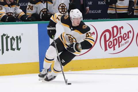 DALLAS, TX – OCTOBER 3: Torey Krug #47 of the Boston Bruins skates against the Dallas Stars at the American Airlines Center on October 3, 2019 in Dallas, Texas. (Photo by Glenn James/NHLI via Getty Images)