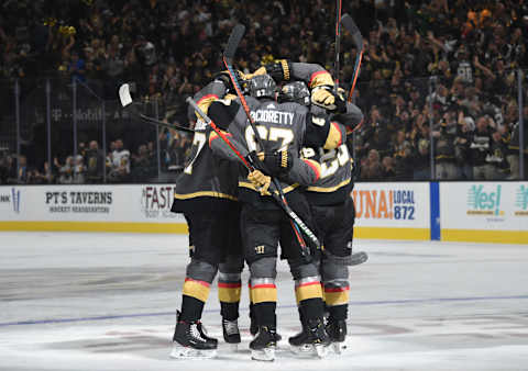 LAS VEGAS, NEVADA – OCTOBER 02: Vegas Golden Knights players celebrate after a goal by Mark Stone #61 during the first period against the San Jose Sharks at T-Mobile Arena on October 02, 2019 in Las Vegas, Nevada. (Photo by David Becker/NHLI via Getty Images)