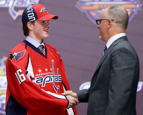 BUFFALO, NY – JUNE 24: Lucas Johansen celebrates with the Washington Captials after being selected 28th overall during round one of the 2016 NHL Draft on June 24, 2016 in Buffalo, New York. (Photo by Bruce Bennett/Getty Images)