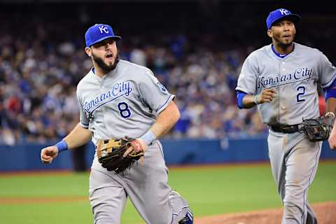 Mike Moustakas, Alcides Escobar (Photo by Harry How/Getty Images)