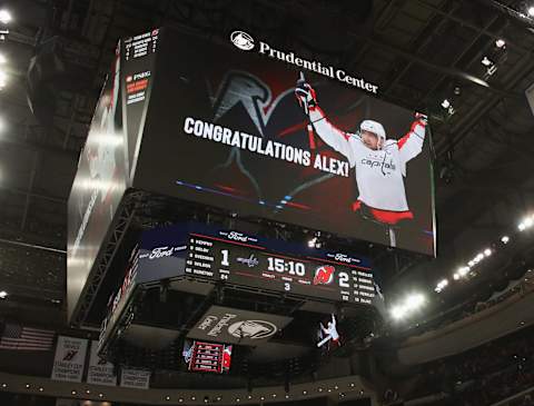 NEWARK, NEW JERSEY – FEBRUARY 22: Alex Ovechkin #8 of the Washington Capitals celebrates his goal at 4:50 of the third period against the New Jersey Devils at the Prudential Center on February 22, 2020 in Newark, New Jersey. With the goal, Ovechkin became the eight player in NHL history to score 700 goals. (Photo by Bruce Bennett/Getty Images)