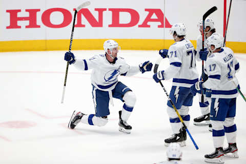 DALLAS, TEXAS – JANUARY 27: Steven Stamkos #91 of the Tampa Bay Lightning celebrates after scoring a goal against the Dallas Stars in the third period at American Airlines Center on January 27, 2020 in Dallas, Texas. (Photo by Tom Pennington/Getty Images)