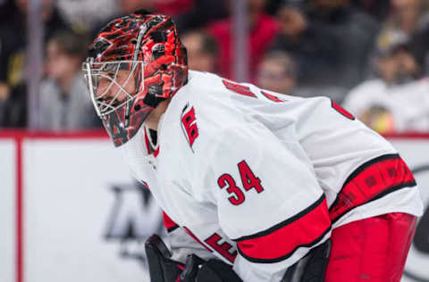 CHICAGO, IL – NOVEMBER 19: Carolina Hurricanes goalie Petr Mrazek (34) stands in goal in the second period during an NHL hockey game between the Carolina Hurricanes and the Chicago Blackhawks on November 19, 2019, at the United Center in Chicago, IL. (Photo By Daniel Bartel/Icon Sportswire via Getty Images)