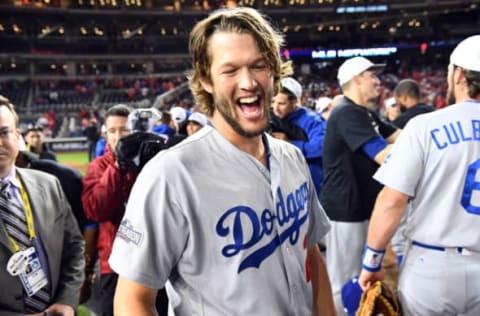 Oct 13, 2016; Washington, DC, USA; Los Angeles Dodgers pitcher Clayton Kershaw (22) reacts after game five of the 2016 NLDS playoff baseball game against the Washington Nationals at Nationals Park. The Los Angeles Dodgers won 4-3. Mandatory Credit: Brad Mills-USA TODAY Sports