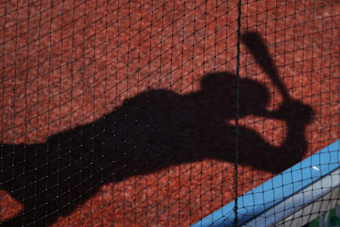 TORONTO, ON – AUGUST 13: The shadow of Chris Stewart #19 of the Pittsburgh Pirates is seen on the turf as he prepares to bat from the on-deck circle in the ninth inning during MLB game action against the Toronto Blue Jays at Rogers Centre on August 13, 2017 in Toronto, Canada. (Photo by Tom Szczerbowski/Getty Images)