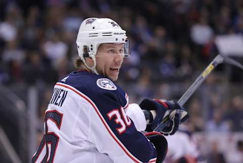 Feb 14, 2018; Toronto, Ontario, CAN; Columbus Blue Jackets left wing Jussi Jokinen (36) during their game against the Toronto Maple Leafs at Air Canada Centre. The Maple Leafs beat the Blue Jackets 6-3. Mandatory Credit: Tom Szczerbowski-USA TODAY Sports