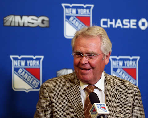 NEW YORK, NY – MARCH 02: President and General Manager of the New York Rangers Glen Sather, addresses the media prior to the game against the Nashville Predators at Madison Square Garden on March 2, 2015 in New York City. (Photo by Bruce Bennett/Getty Images)