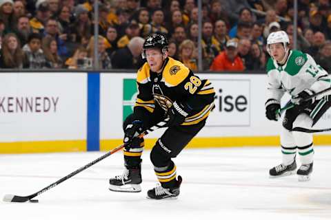 Feb 27, 2020; Boston, Massachusetts, USA; Newly acquired Boston Bruins right wing Ondrej Kase (28) skates the puck against the Dallas Stars during the first period at TD Garden. Mandatory Credit: Winslow Townson-USA TODAY Sports