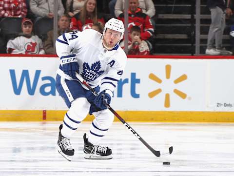 NEWARK, NEW JERSEY – DECEMBER 27: Morgan Rielly #44 of the Toronto Maple Leafs   (Photo by Bruce Bennett/Getty Images)