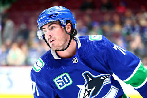 VANCOUVER, BC – SEPTEMBER 25: Vancouver Canucks Center Zack MacEwen (71) warms up before their NHL preseason game against the Ottawa Senators at Rogers Arena on September 25, 2019 in Vancouver, British Columbia, Canada. (Photo by Devin Manky/Icon Sportswire via Getty Images)