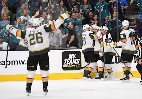 SAN JOSE, CA – APRIL 23: Jonathan Marchessault #81 of the Vegas Golden Knights celebrates after scoring a goal during the third period against the San Jose Sharks in Game Seven of the Western Conference First Round during the 2019 Stanley Cup Playoffs at SAP Center on April 23, 2019 in San Jose, California. (Photo by Jeff Bottari/NHLI via Getty Images)