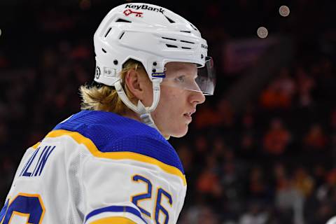 Apr 17, 2022; Philadelphia, Pennsylvania, USA; Buffalo Sabres defenseman Rasmus Dahlin (26) against the Philadelphia Flyers at Wells Fargo Center. Mandatory Credit: Eric Hartline-USA TODAY Sports