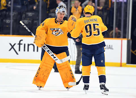 ; Nashville Predators goaltender Juuse Saros (74) Mandatory Credit: Christopher Hanewinckel-USA TODAY Sports