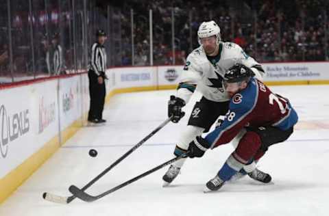 DENVER, COLORADO – JANUARY 16: Patrick Marleau #12 of the San Jose Sharks fights for the puck against Ian Cole #28 of the Colorado Avalanche in the third period at the Pepsi Center on January 16, 2020 in Denver, Colorado. (Photo by Matthew Stockman/Getty Images)