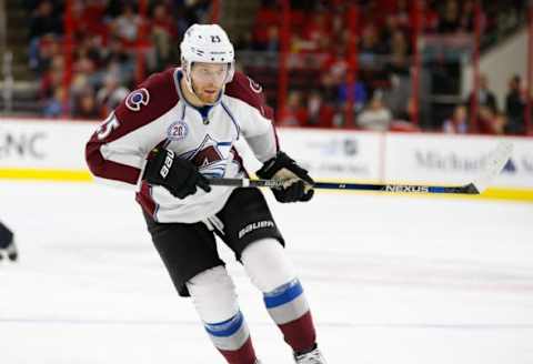 Oct 30, 2015; Raleigh, NC, USA; Colorado Avalanche forward Mikail Grigorenko (25) skates against the Carolina Hurricanes at PNC Arena. The Carolina Hurricanes defeated the Colorado Avalanche 3-2. Mandatory Credit: James Guillory-USA TODAY Sports