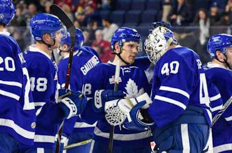 LAVAL, QC – NOVEMBER 01: The Toronto Marlies celebrate their victory against the Laval Rocket during the AHL game at Place Bell on November 1, 2017 in Laval, Quebec, Canada. The Toronto Marlies defeated the Laval Rocket 3-0. (Photo by Minas Panagiotakis/Getty Images)