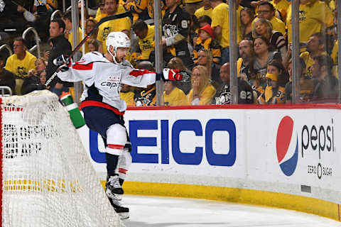 PITTSBURGH, PA – MAY 07: Evgeny Kuznetsov #92 of the Washington Capitals celebrates his overtime goal against the Pittsburgh Penguins in Game Six of the Eastern Conference Second Round during the 2018 NHL Stanley Cup Playoffs at PPG Paints Arena on May 7, 2018 in Pittsburgh, Pennsylvania. (Photo by Joe Sargent/NHLI via Getty Images)