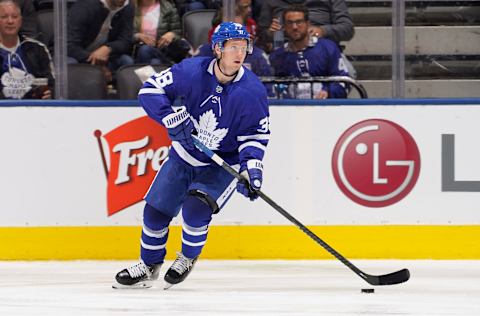 TORONTO, ON – OCTOBER 5: Rasmus Sandin #38 of the Toronto Maple Leafs skates against the Montreal Canadiens during the third period at the Scotiabank Arena on October 5, 2019 in Toronto, Ontario, Canada. (Photo by Mark Blinch/NHLI via Getty Images)