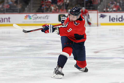 Dmitry Orlov #9 of the Washington Capitals shoots against the Florida Panthers  (Photo by Patrick Smith/Getty Images)