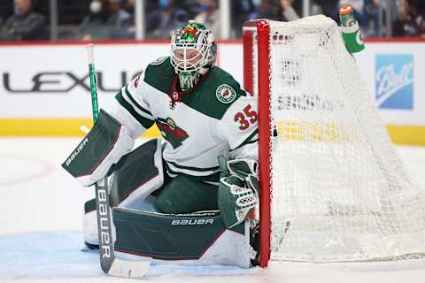 DENVER, COLORADO – SEPTEMBER 30: Andrew Hammond #35 of the Minnesota Wild tends goal against the Colorado Avalanche in the second period at Ball Arena on September 30, 2021 in Denver, Colorado. (Photo by Matthew Stockman/Getty Images)