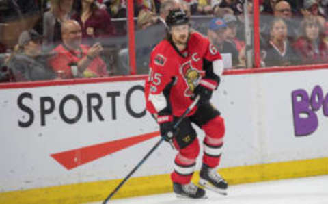 Apr 4, 2017; Ottawa, Ontario, CAN; Ottawa Senators defenseman Erik Karlsson (65) skates with the puck in the first period against the Detroit Red Wings at Canadian Tire Centre. Mandatory Credit: Marc DesRosiers-USA TODAY Sports