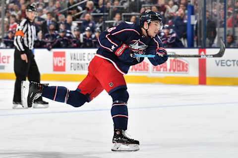 COLUMBUS, OH – JANUARY 13: Zach Werenski #8 of the Columbus Blue Jackets skates against the New York Rangers on January 13, 2019 at Nationwide Arena in Columbus, Ohio. (Photo by Jamie Sabau/NHLI via Getty Images)