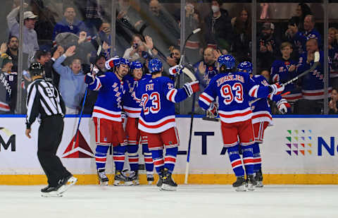 Jan 22, 2022; New York, New York, USA; New York Rangers left wing Chris Kreider (20) celebrates his third goal of the game to give him the NHL lead during the third period against the Arizona Coyotes at Madison Square Garden. Mandatory Credit: Danny Wild-USA TODAY Sports