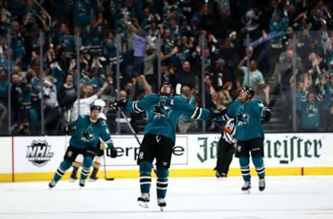 SAN JOSE, CALIFORNIA – APRIL 23: Logan Couture #39 of the San Jose Sharks celebrates after he scored the tying goal in the third period of their game against the Vegas Golden Knights in Game Seven of the Western Conference First Round during the 2019 NHL Stanley Cup Playoffs at SAP Center on April 23, 2019 in San Jose, California. (Photo by Ezra Shaw/Getty Images)