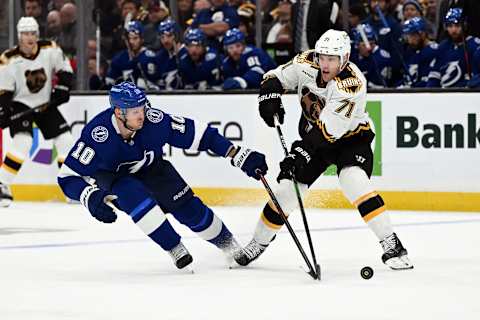 NHL, Boston Bruins, Taylor Hall #71, Tampa Bay Lightning, Corey Perry #10. (Photo by Brian Fluharty/Getty Images)