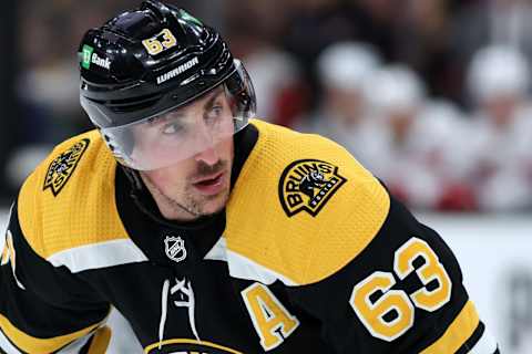 BOSTON, MASSACHUSETTS – MAY 06: Brad Marchand #63 of the Boston Bruins looks on during the first period Game Three of the First Round of the 2022 Stanley Cup Playoffs against the Carolina Hurricanes at TD Garden on May 06, 2022 in Boston, Massachusetts. (Photo by Maddie Meyer/Getty Images)