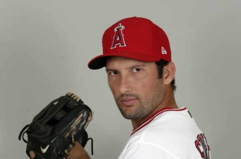 Feb 21, 2017; Tempe, AZ, USA; Los Angeles Angels relief pitcher Huston Street (16) at Tempe Diablo Stadium. Mandatory Credit: Rick Scuteri-USA TODAY Sports. MLB.