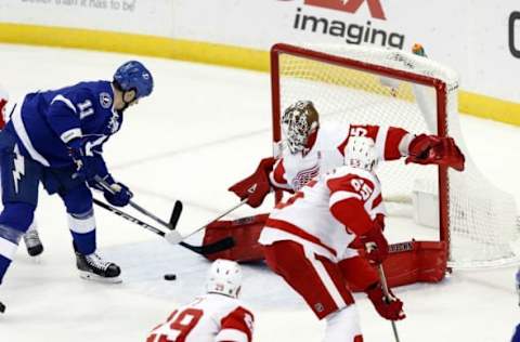 NHL Power Rankings: Detroit Red Wings goalie Jimmy Howard (35) makes a save from Tampa Bay Lightning center Brian Boyle (11) during the first period at Amalie Arena. Mandatory Credit: Kim Klement-USA TODAY Sports